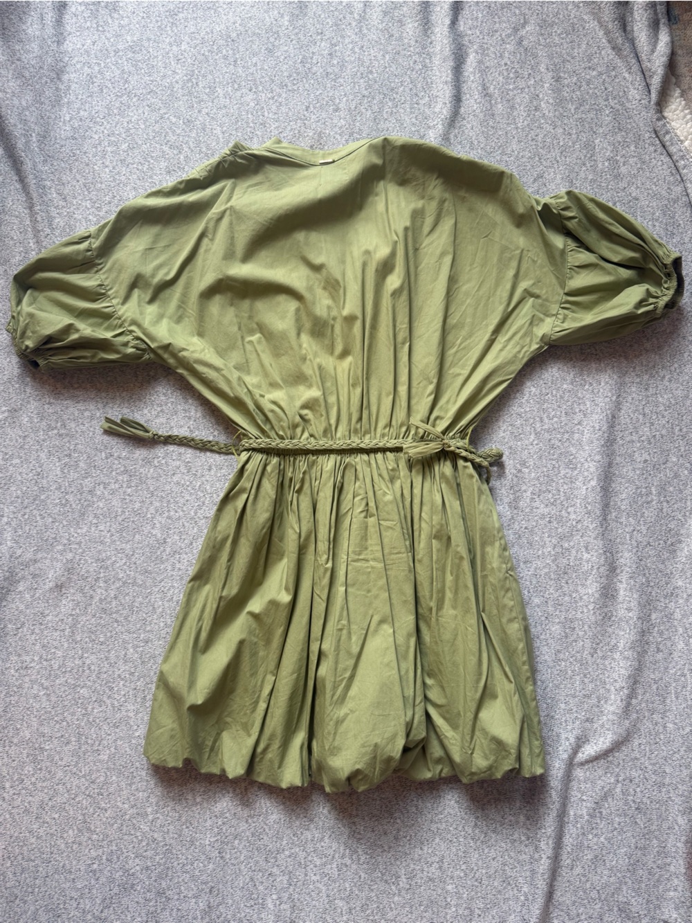 Misa Los Angeles Olive V-Neck Puff Sleeve Dress with Braided Waist Tie - Picture 2 of 3